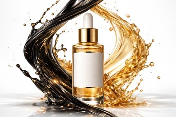Naklejka premium Premium skincare serum container with empty label surrounded by swirling black and gold liquids on crisp white background