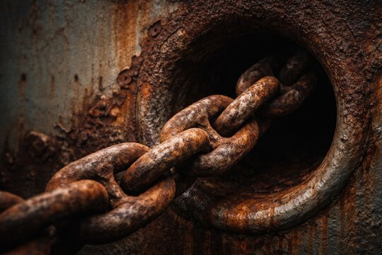 Rust covered anchor chain closeup in hawsepipe with empty copyspace for header