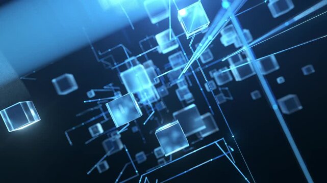 Technology box grid lines, high tech blocks and lines shuttle through space, future digital network, with glowing blue lines and transparent cubes forming an interconnected, abstract data structure.