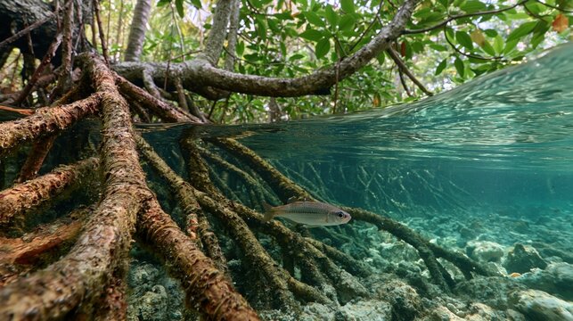 Split level view of mangrove roots with small fish swimming