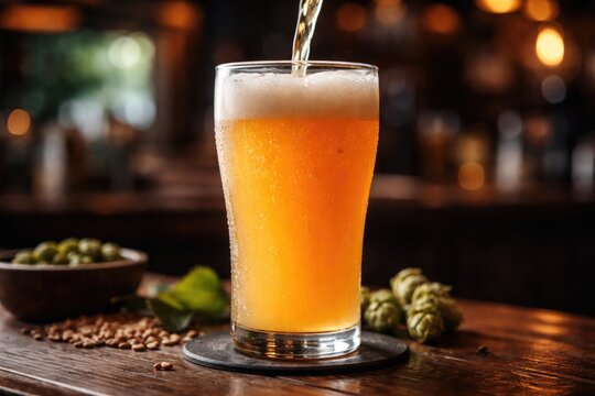 Pour of hazy golden IPA beer in a tall glass resting on a dark wood table
