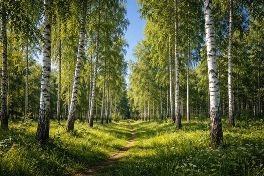 Scenic summer forest with slender birch trees and a cloudless sky