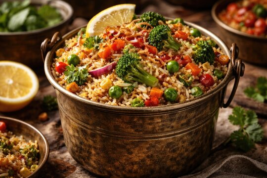 Nutritious vegetable biryani served in an old balti container highlighting fiber benefits