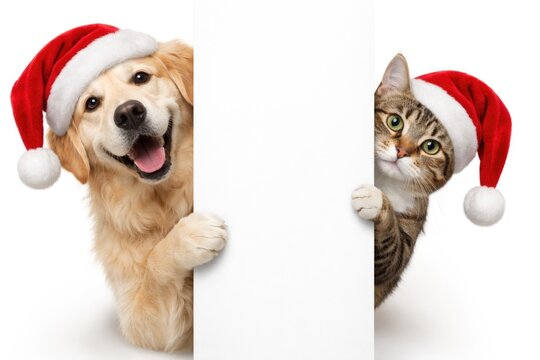 Joyful dog and inquisitive cat with red Christmas hats peeking around plain white sign on white backdrop