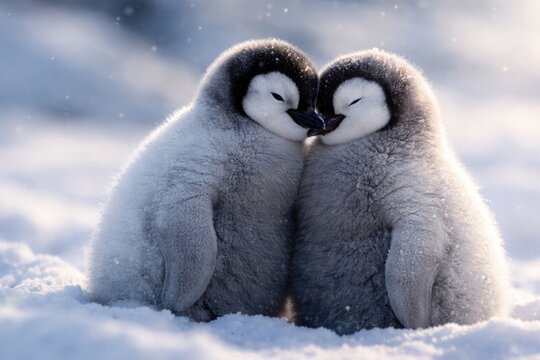 Tender moment of inseparable emperor penguin chicks expressing affection with copyspace