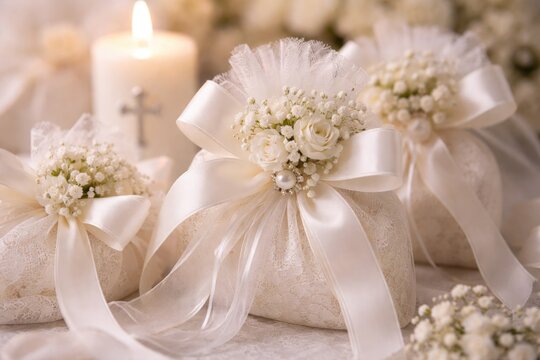 Intimate closeup showing white flower ribbon adorning christening mementos
