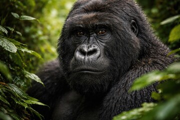 Obraz premium Close up of a mountain gorilla amid dense green foliage