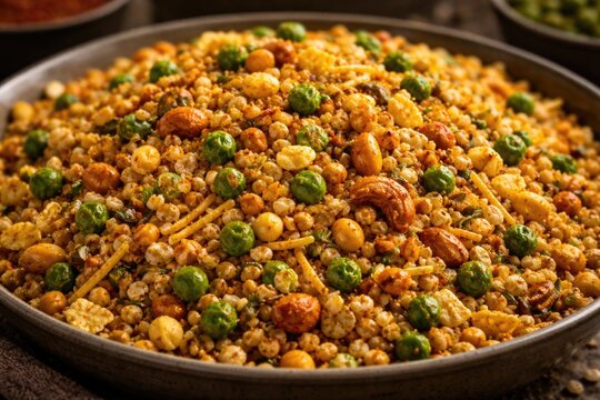 Savory farsan mix with crispy chana dal green peas and nutritious grains