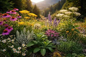 Obraz premium Natural assortment of mountain herbs alongside blossoming flowers