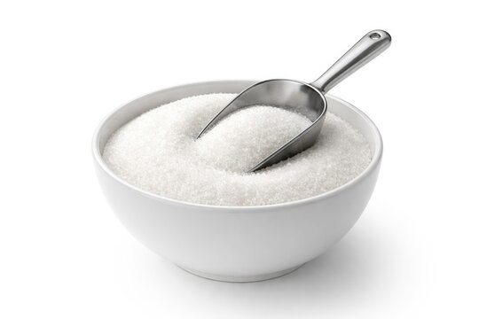 White bowl holding granulated sugar and a scooper placed on a pure white flat background