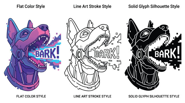 Cyberpunk dog barking vector illustration, futuristic robotic canine head in flat color, line art stroke, and solid glyph silhouette styles, digital pet design asset for gaming and technology