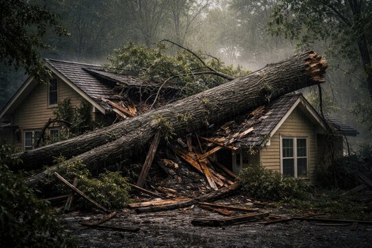 Natural disaster effects with tree collapse crushing home roof during storm