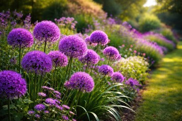 Obraz premium Vibrant purple allium flowers sprouting in a lush garden border