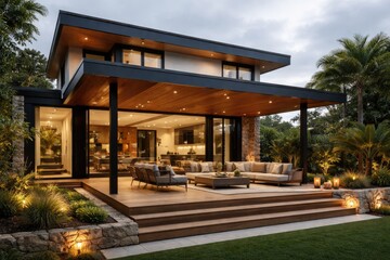 Fototapeta premium Stylish modern house with sheltered patio and raised timber deck