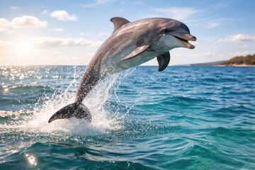Obraz premium Energetic bottlenose dolphin pet enjoying a playful leap across shimmering sea surface full length image summer