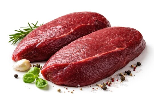 Top quality ostrich fillets set against a white background for recipe use