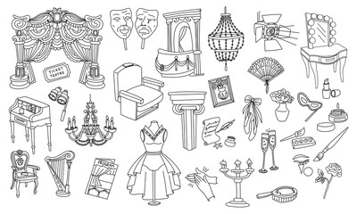 Fototapeta premium Theater icons set in contour line art style with stage curtain, masks, opera glasses and costumes. Black and white performance elements for entertainment industry, coloring pages or arts design