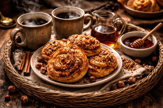 Inviting coffee and cinnamon nut buns with maple syrup on rustic wicker for Swedish fika