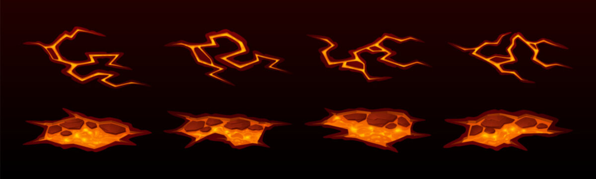 Lava crack effects with glowing magma streams and volcanic rock formations. Fiery ground textures with molten hell atmosphere, red glow and broken stone surfaces for game UI lava design elements.