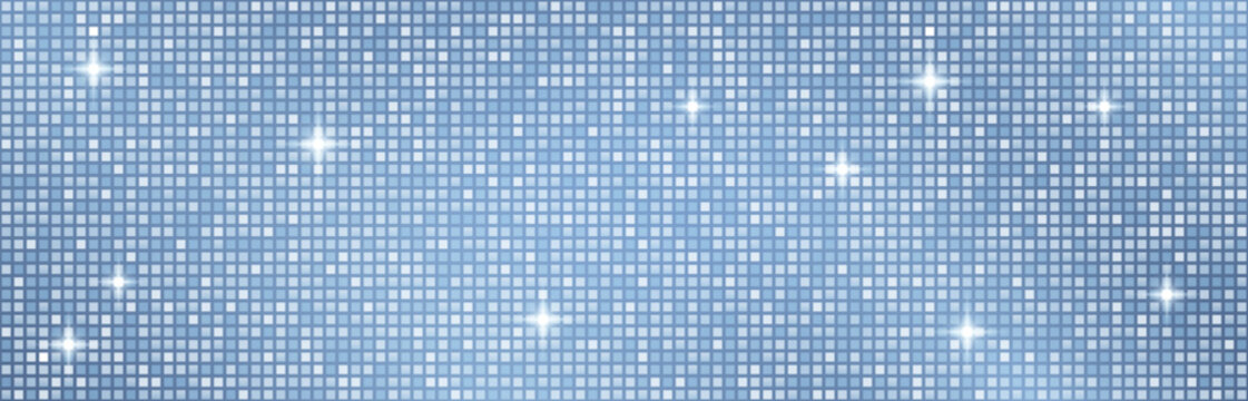 Disco ball texture with glitter sequins and mirror tiles creating dazzling party mosaic. Shimmering blue sparkle pattern for dance floor backgrounds, dj club events and glamorous neon nights.