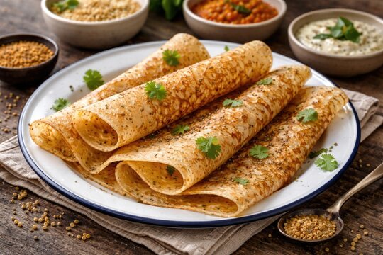 Homemade gluten free crepes of urad dal and rice mixed with fenugreek seeds served on a white enamel plate