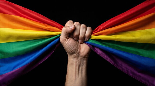 Raised fist gripping a rainbow pride flag against a black background as a symbol of lgbtq resistance, unity and empowerment.