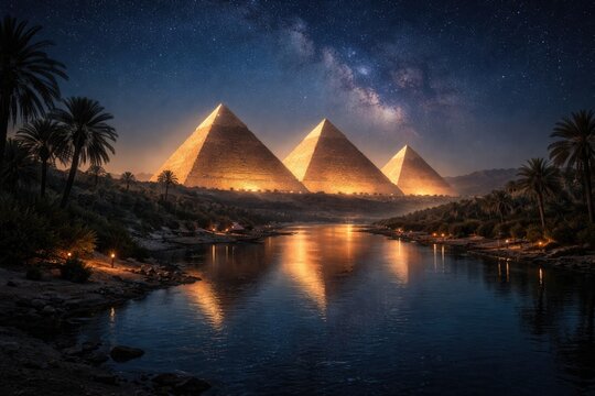 Silent Egyptian desert at night featuring river and glowing pyramids