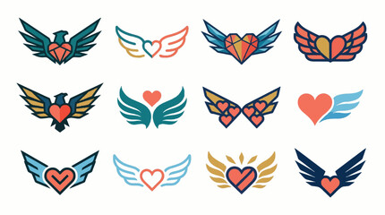 Fototapeta premium Modern wing icon set with abstract eagle angel and heart shapes minimal vector illustration for branding and design