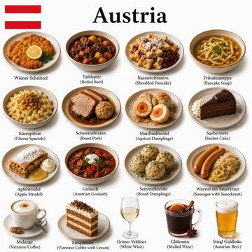  En la imagen se muestran los platos m&aacute;s famosos de la cocina austr&iacute;aca como schnitzel, tafelspitz, kaiserschmarrn y apfelstrudel, representando recetas cl&aacute;sicas y sabores tradicionales de Austria.
