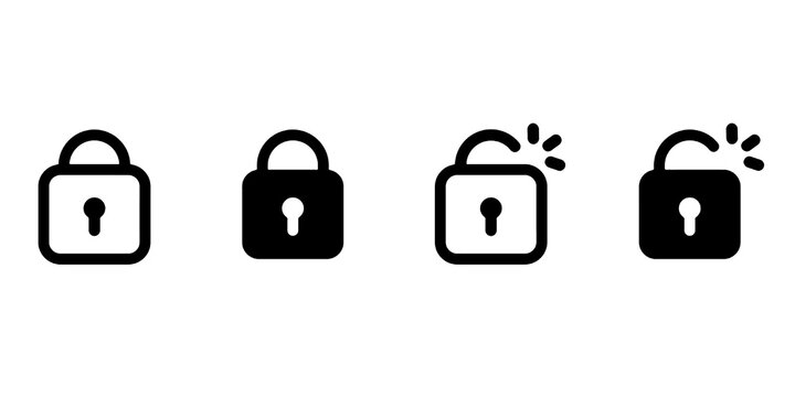 Lock and unlock icon set with closed and open padlock symbols. Outline and solid styles for security, access control, password protection, authentication systems, privacy settings and user interface