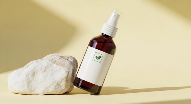 Dark glass spray bottle with white label next to white rock