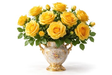 Obraz premium Vibrant yellow roses in a decorative vase isolated on a white backdrop