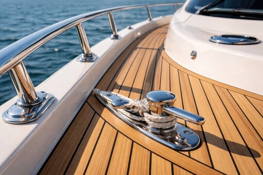 Zoomed image of teak deck planks on contemporary white luxury yacht emphasizing bright stainless steel elements