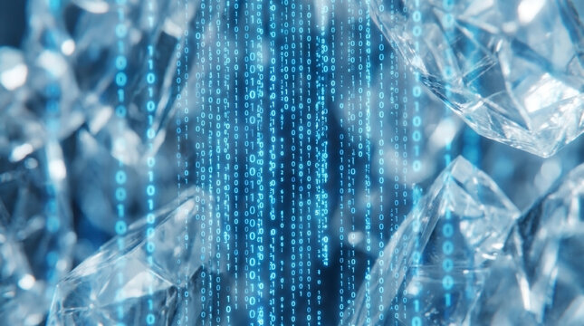 Abstract blue binary code and digital matrix data flowing vertically with blurred crystalline textures representing high-speed internet connectivity cloud computing and artificial intelligence process