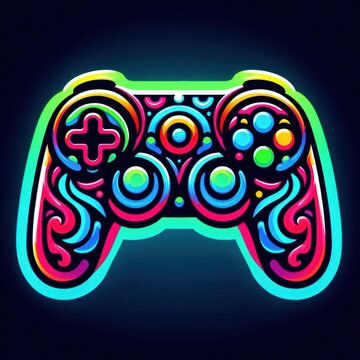 Colorful neonstyle illustration of a video game controller with vibrant swirling patterns for gaming enthusiasts and digital art lovers
