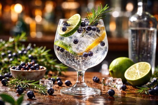 Vibrant cocktail combining gin, tonic, and crushed juniper berries