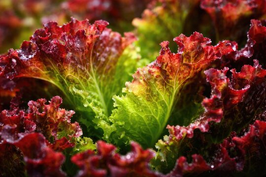 Macro photograph of crisp red loose leaf lettuce leaves highlighting garden freshness
