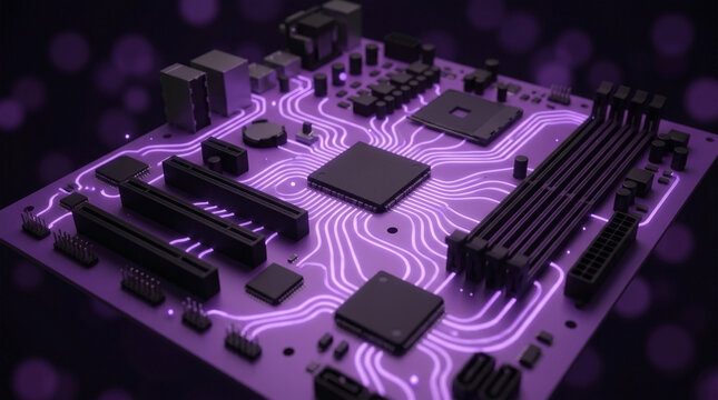 Premium purple motherboard circuit board with dark microchips and neon accents representing luxury gaming hardware and high-performance workstation engineering for digital content creation