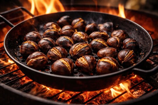 Freshly roasted chestnuts cooking over open flame on traditional grill
