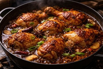 Fototapeta premium Slow cooked chicken braised in vibrant golden Chinese sauce