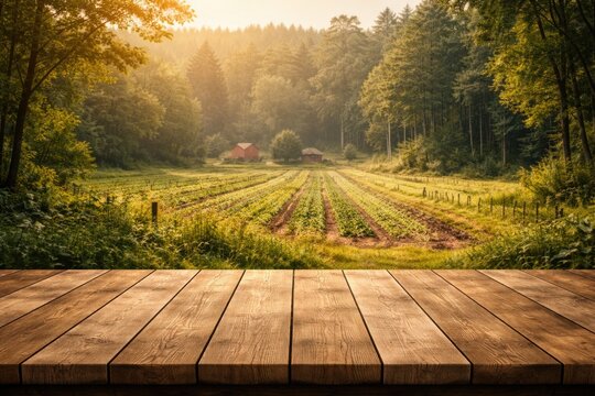 Smooth wooden platform with farmland and dense woodland behind for showcasing items