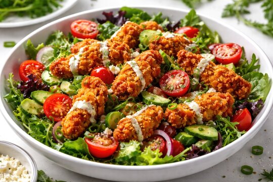 Vibrant green salad blending fresh tomatoes and crispy fried chicken on a clean white base