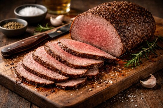 Freshly carved eye of round beef slices displayed on wooden board