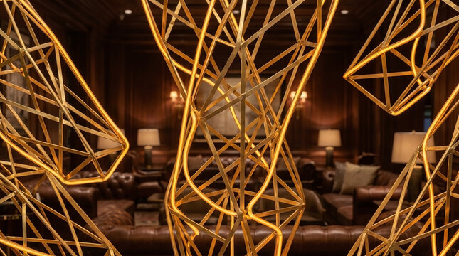 Elegant golden geometric structure with light trails in a luxury interior setting representing smart home architecture high-end interior design and innovative building technology for real estate