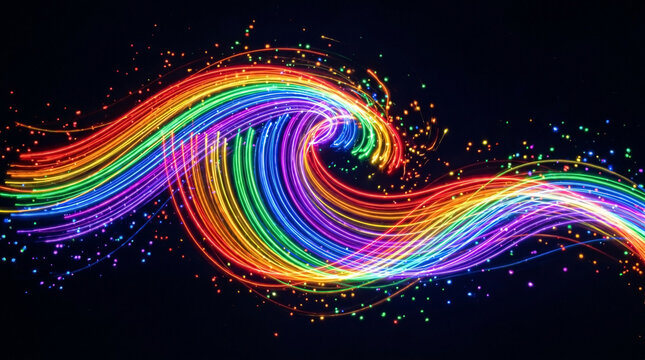 Vibrant rainbow colored energy waves spiraling in a dark space with glowing particles representing creativity light spectrum physics and diverse data processing for artistic and scientific content
