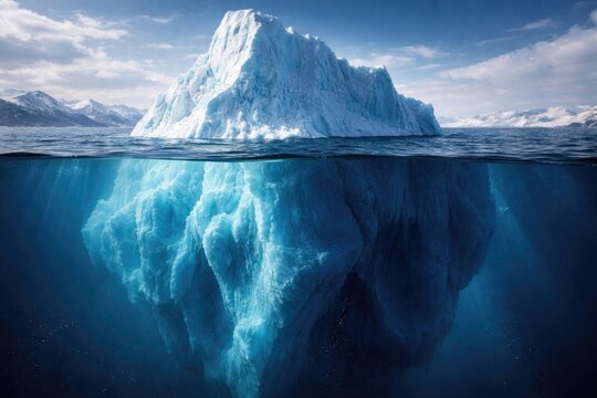 Detailed depiction of iceberg with contrasting above and below water portions