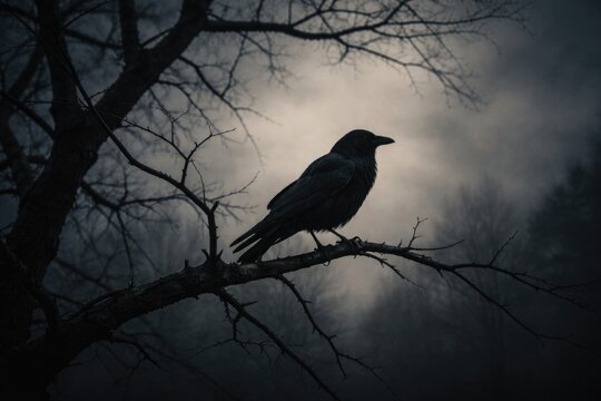 Solitary black crow with clear silhouette on bare tree