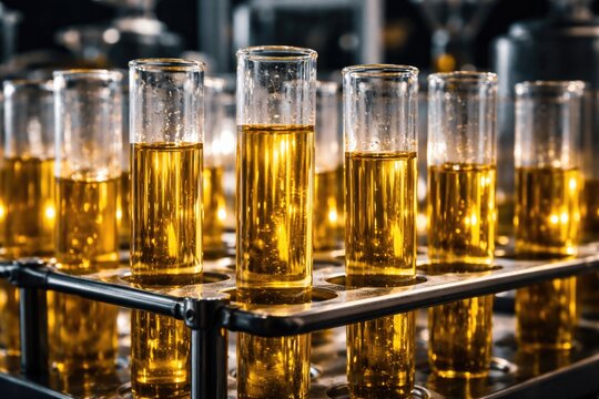 Macro image of multiple test tubes with concentrated yellow liquid in a scientific workspace evaluating crude oil refinement methods