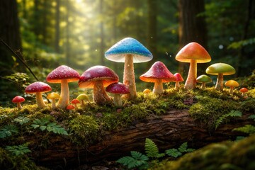 Fototapeta premium Whimsical collection of colorful mushrooms thriving on moss lined log in flourishing woods