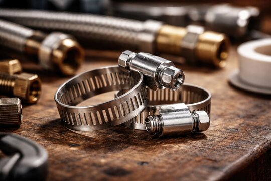 Sharp focus on metal plumbing hose clamps with gentle defocused background